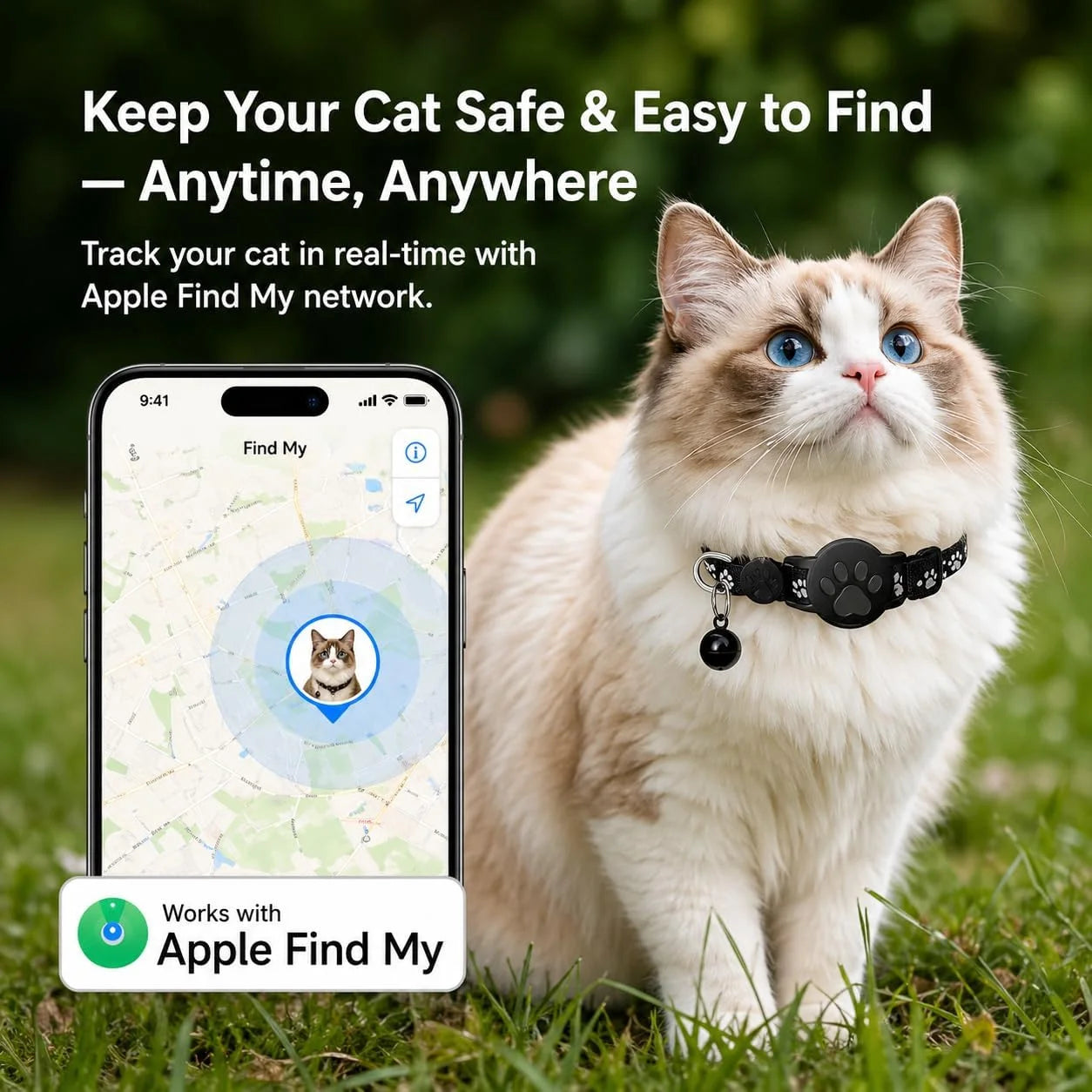 Cat Tracker Collar for Small Cats - Real Time Cat GPS Tracker No Monthly Fee, Pet Tracker for Cats Works with Apple Find My (Only Ios), No SIM Required (Collar + White Tracker)