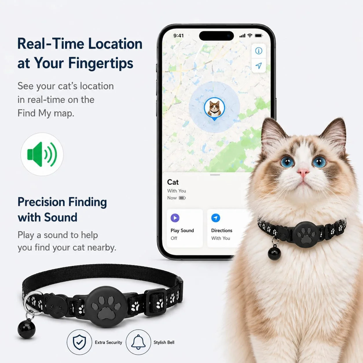 Cat Tracker Collar for Small Cats - Real Time Cat GPS Tracker No Monthly Fee, Pet Tracker for Cats Works with Apple Find My (Only Ios), No SIM Required (Collar + White Tracker)