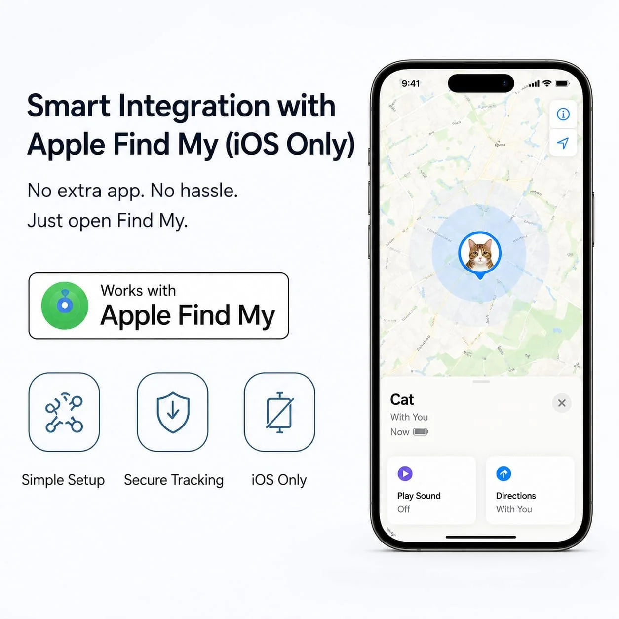 Cat Tracker Collar for Small Cats - Real Time Cat GPS Tracker No Monthly Fee, Pet Tracker for Cats Works with Apple Find My (Only Ios), No SIM Required (Collar + White Tracker)